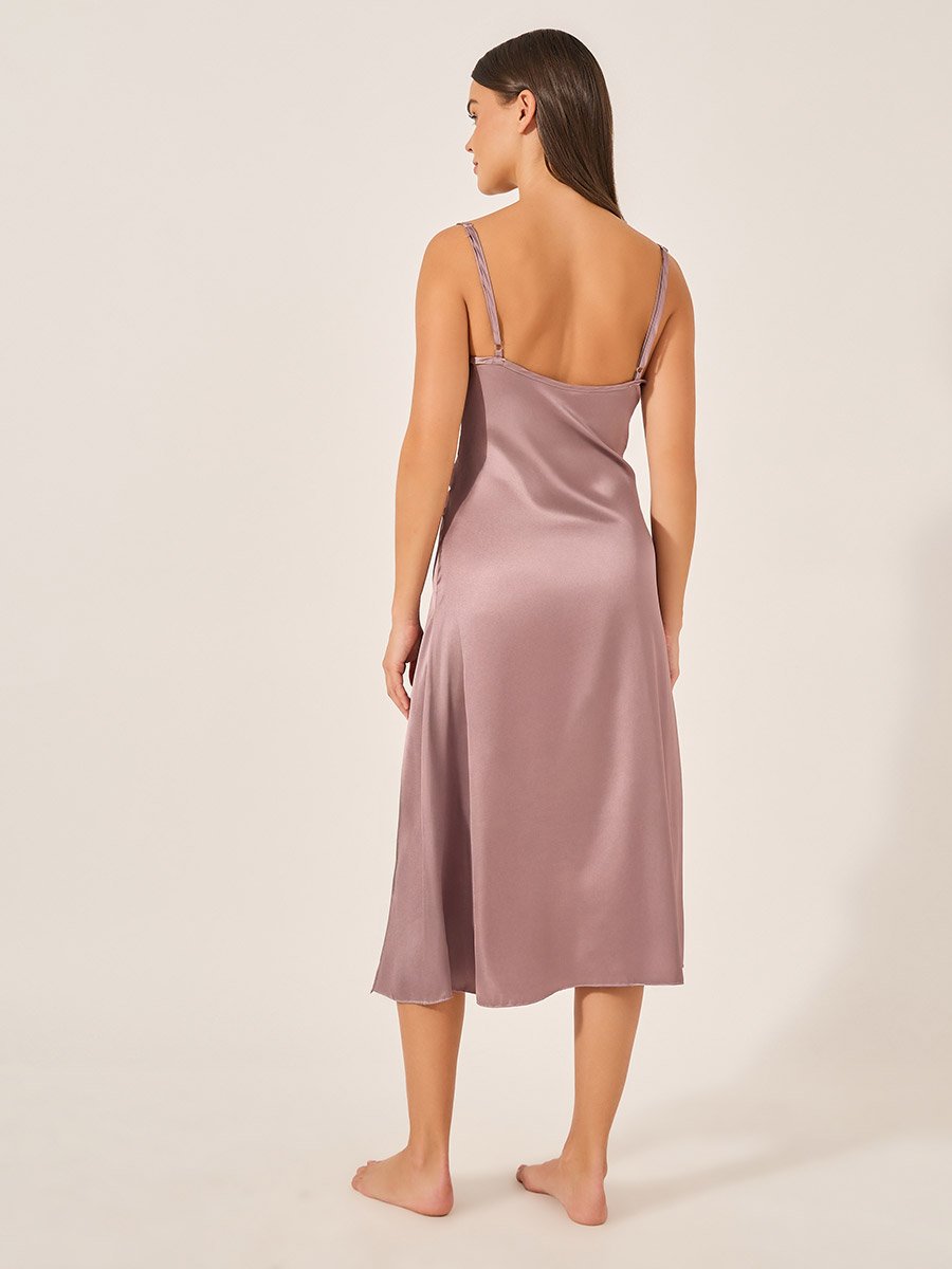 Solid Cowl Neck Satin Midi Slip Dress with Lace Detail