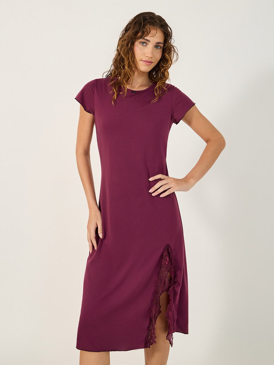 Round Neck Lace Insert Front Slit Sleep T-Shirt