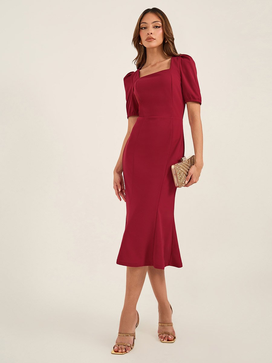 Square Neck Puff Sleeve Mermaid Hem Midi Dress