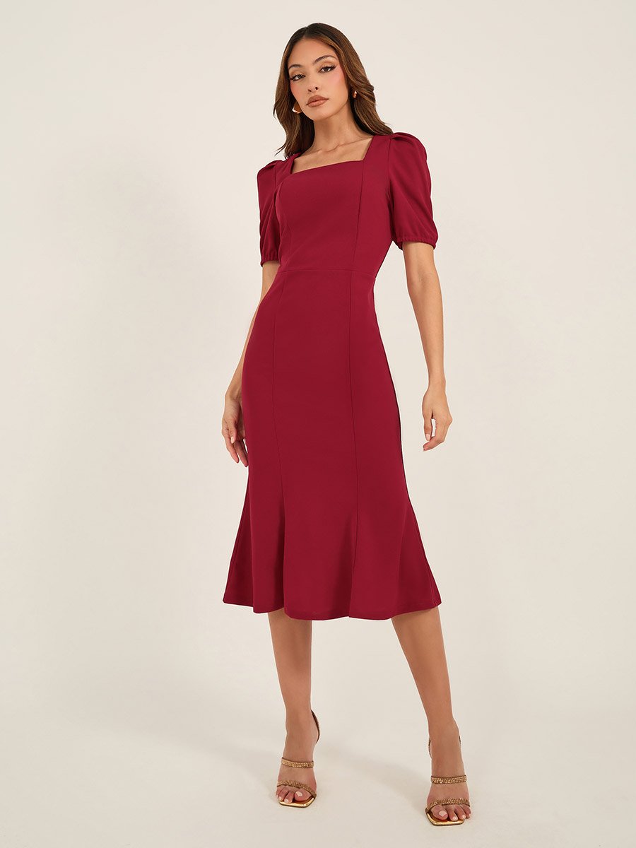 Square Neck Puff Sleeve Mermaid Hem Midi Dress