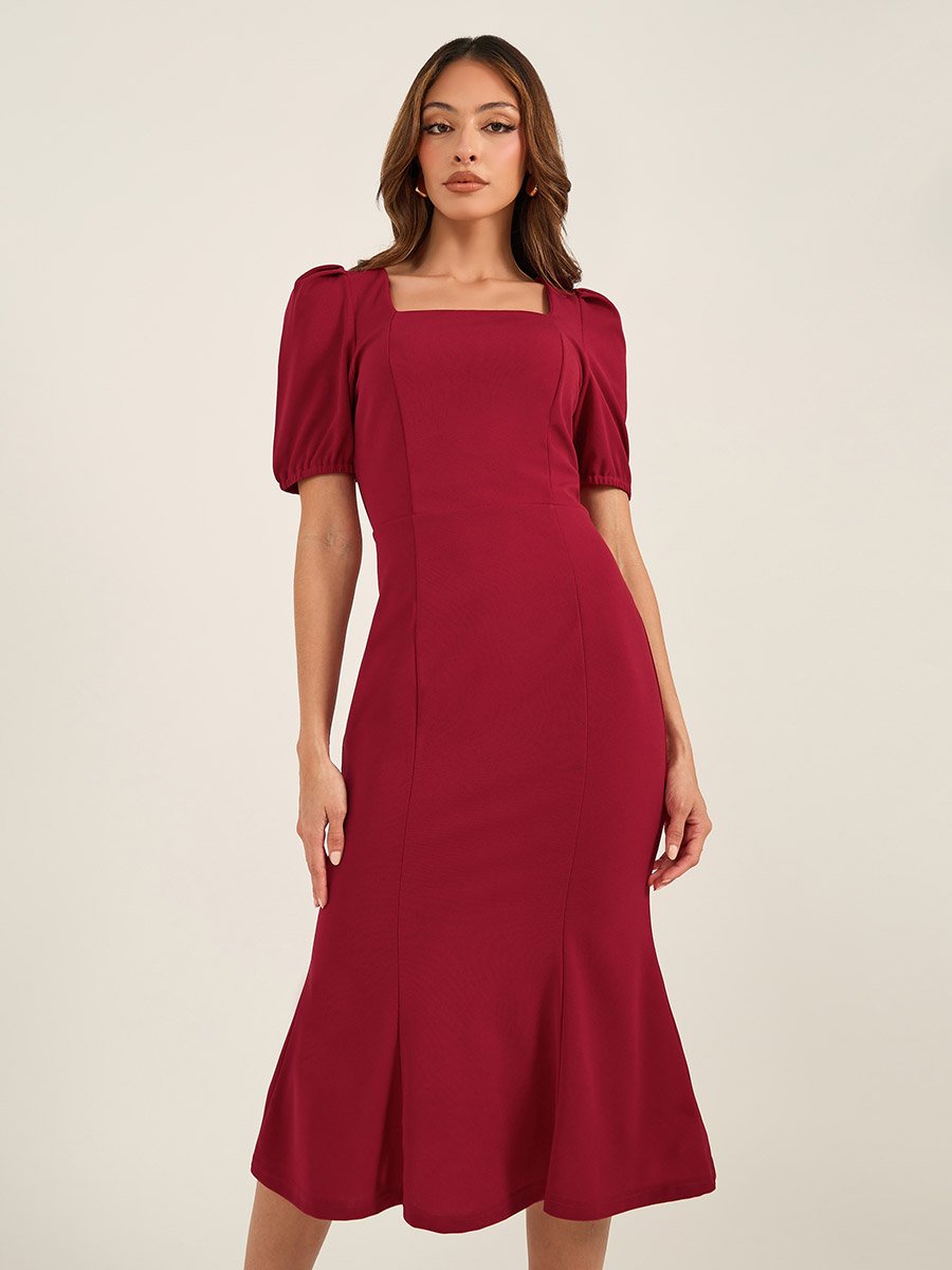 Square Neck Puff Sleeve Mermaid Hem Midi Dress