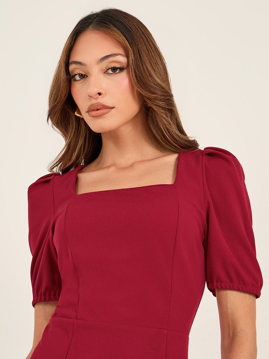 Square Neck Puff Sleeve Mermaid Hem Midi Dress