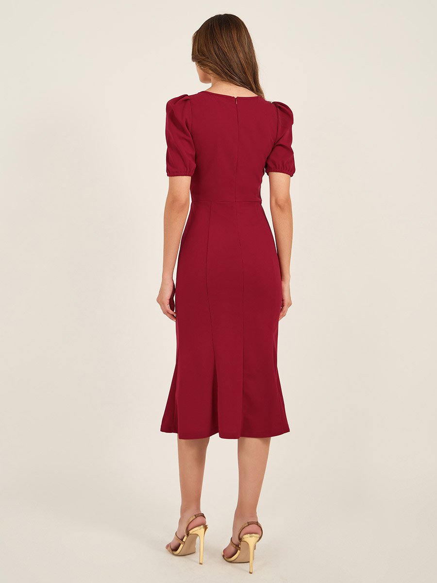 Square Neck Puff Sleeve Mermaid Hem Midi Dress