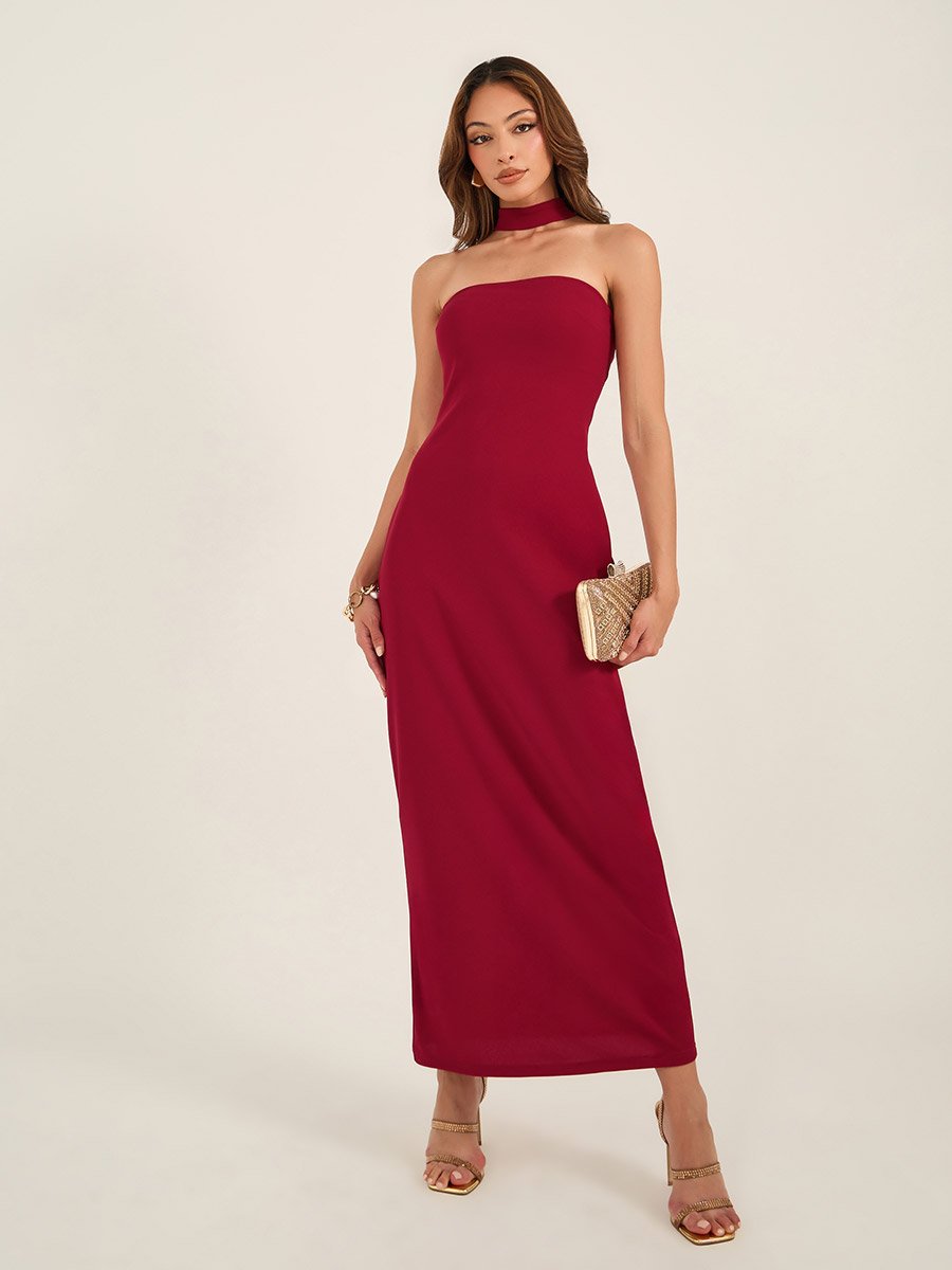 Solid Choker Bandeau Neck Bodycon Maxi Dress For Women at Saudi | Styli Solid Choker Bandeau Neck Bodycon Maxi Dress For Women at Saudi | Styli