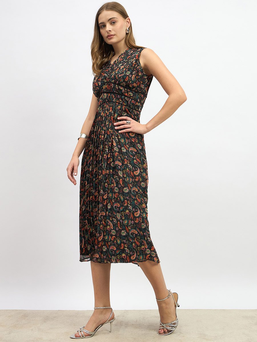 Paisley Print Pleated A-Line Midi Dress