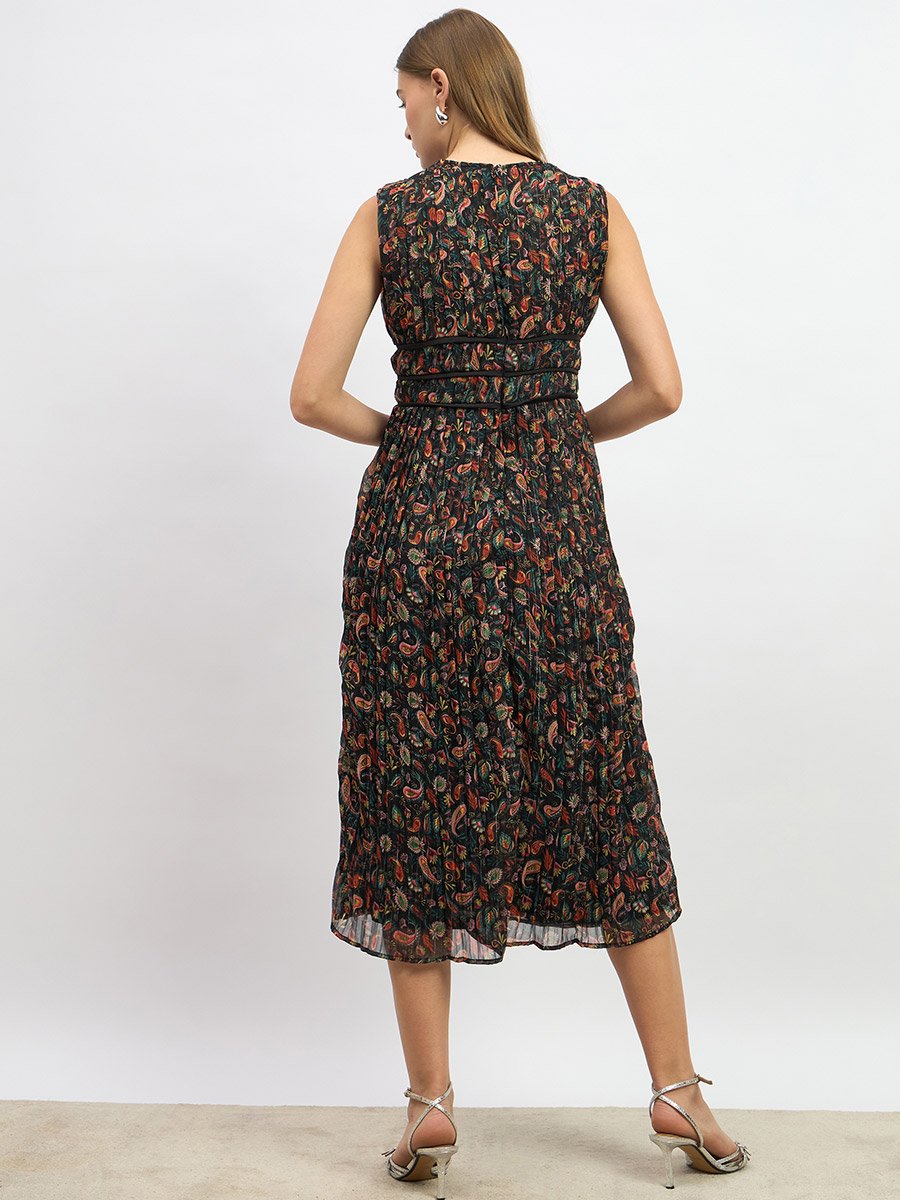Paisley Print Pleated A-Line Midi Dress