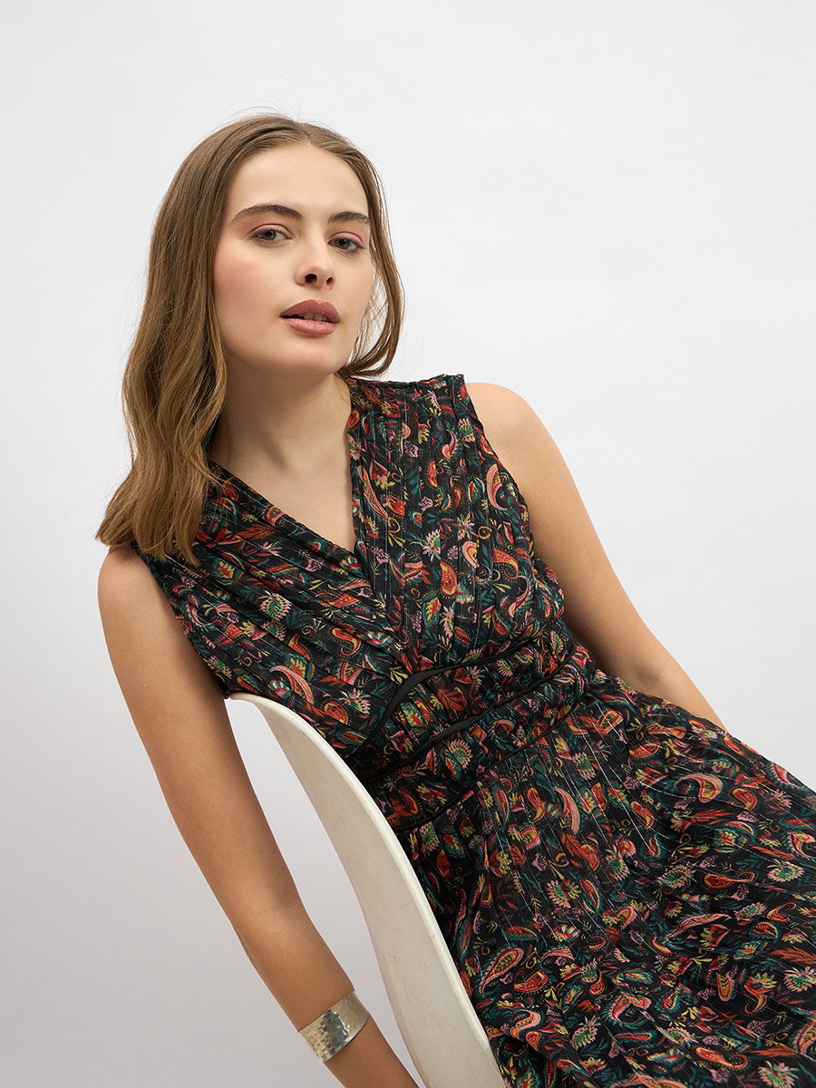 Paisley Print Pleated A-Line Midi Dress