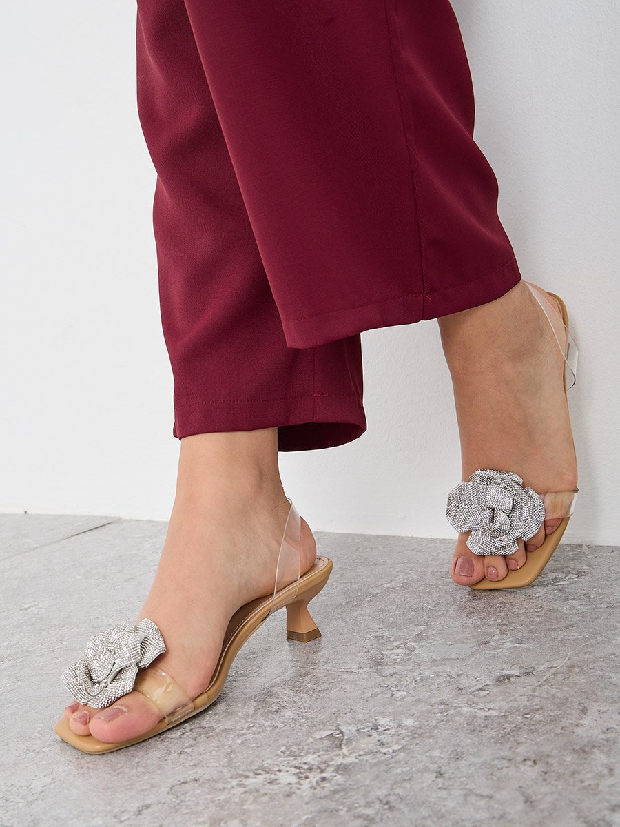 Metallic Flower Detail Transparent Strap Kitten Heel Sandals