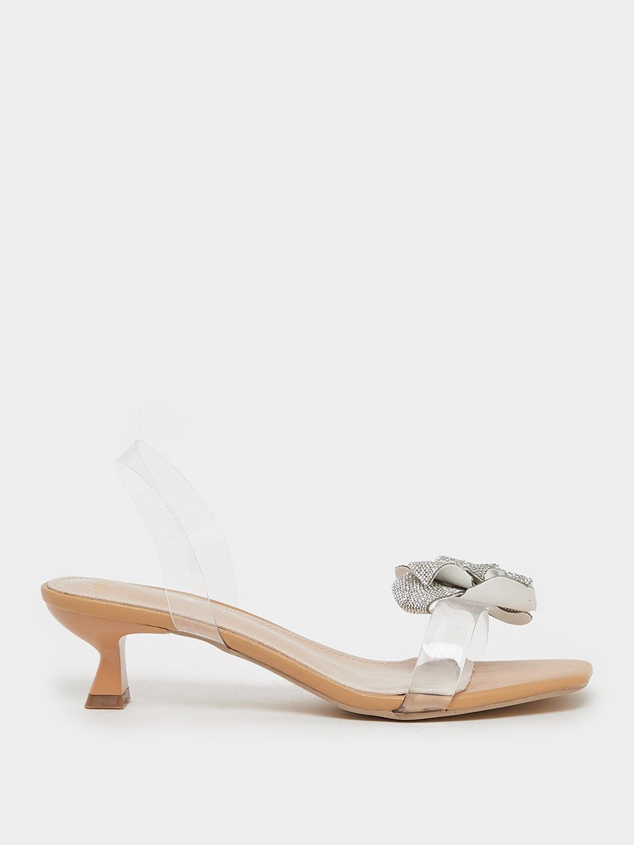 Metallic Flower Detail Transparent Strap Kitten Heel Sandals