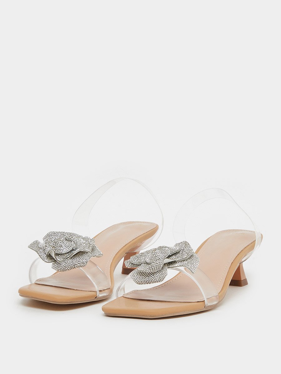 Metallic Flower Detail Transparent Strap Kitten Heel Sandals