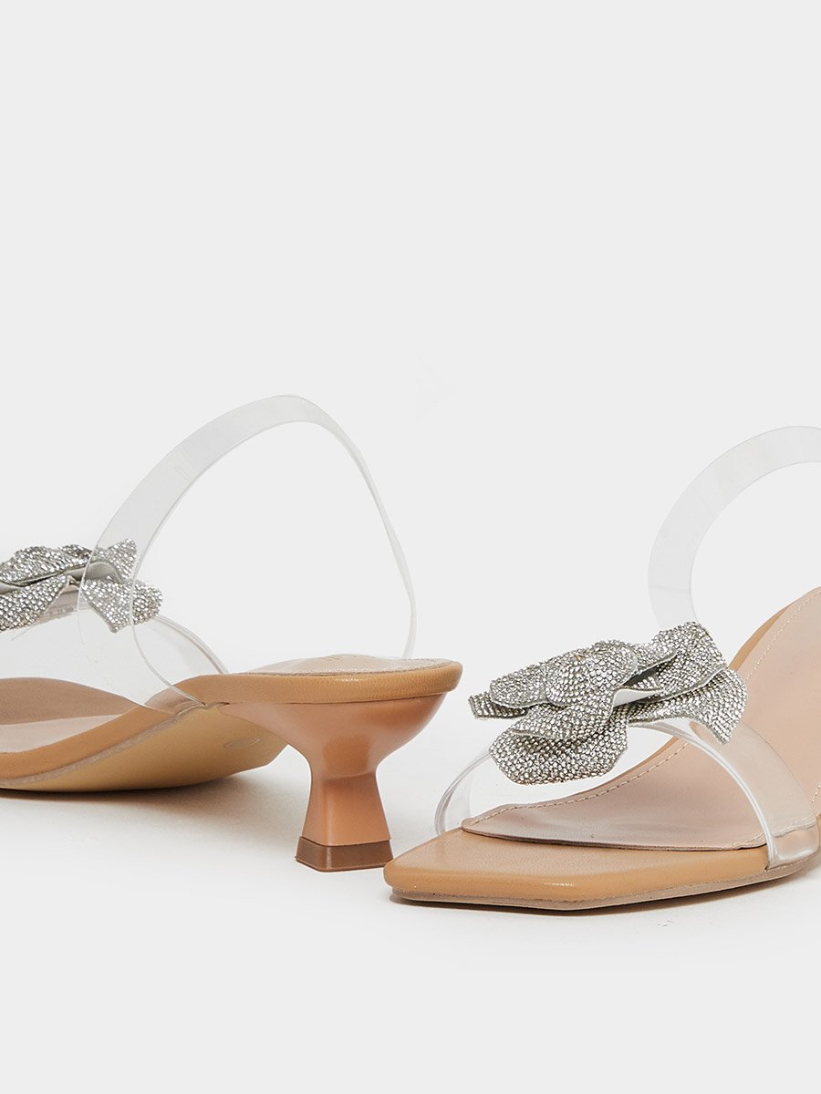Metallic Flower Detail Transparent Strap Kitten Heel Sandals