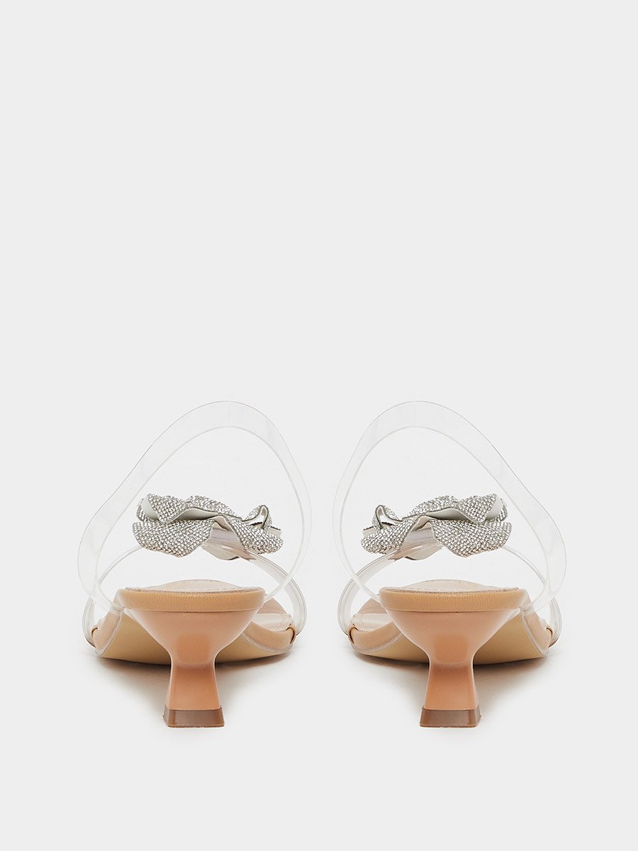 Metallic Flower Detail Transparent Strap Kitten Heel Sandals