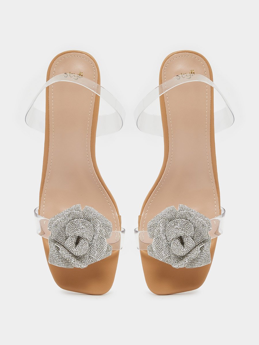 Metallic Flower Detail Transparent Strap Kitten Heel Sandals