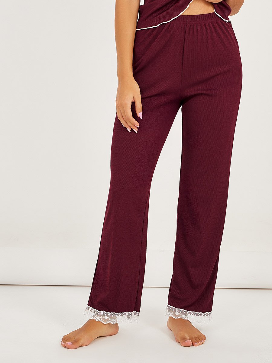 Ruffle Sleeve Contrast Lettuce Hem Lace Cami and Pyjama Set