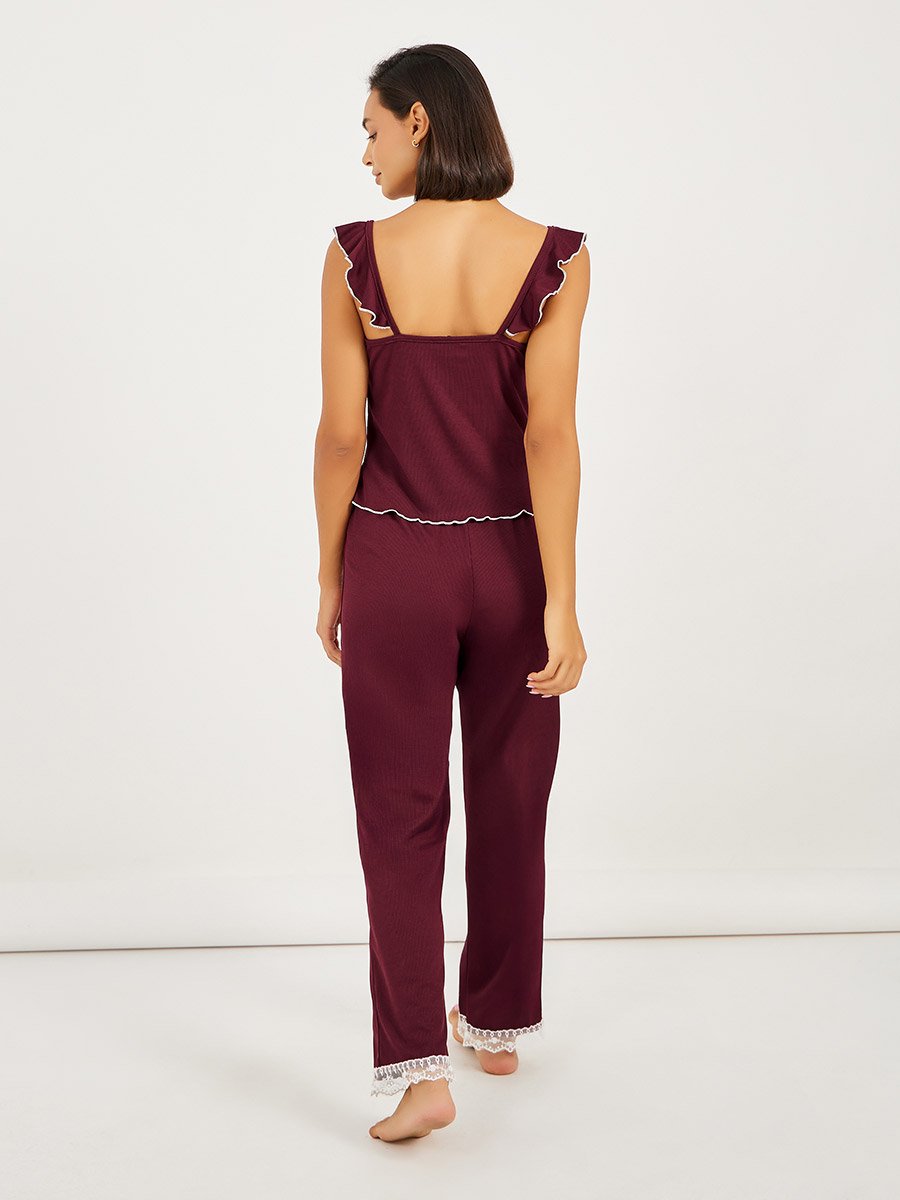 Ruffle Sleeve Contrast Lettuce Hem Lace Cami and Pyjama Set