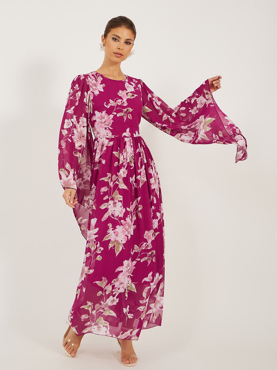 Printed Long Sleeve A-Line Maxi Dress