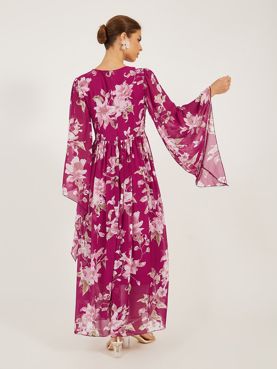 Printed Long Sleeve A-Line Maxi Dress