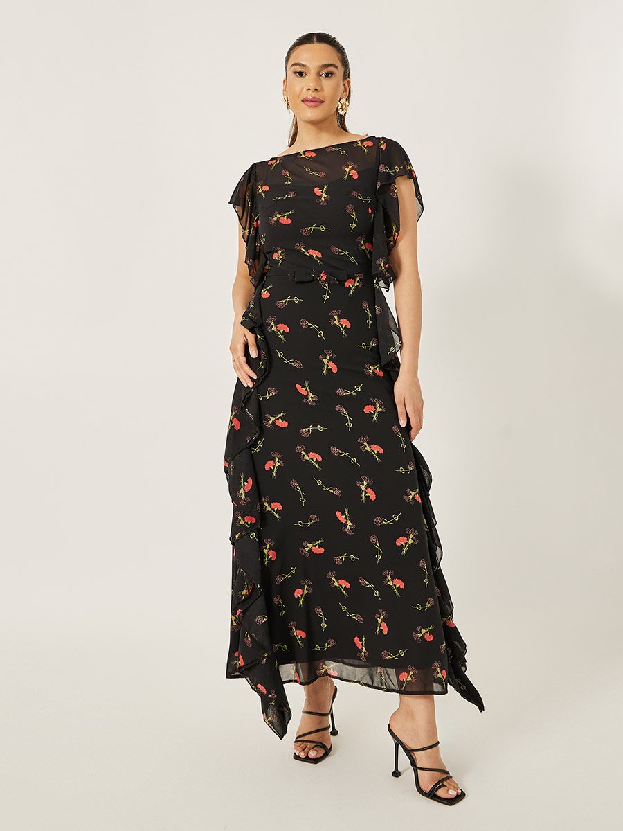 Printed Ruffled Hem Sleeveless Sheath Maxi Dress