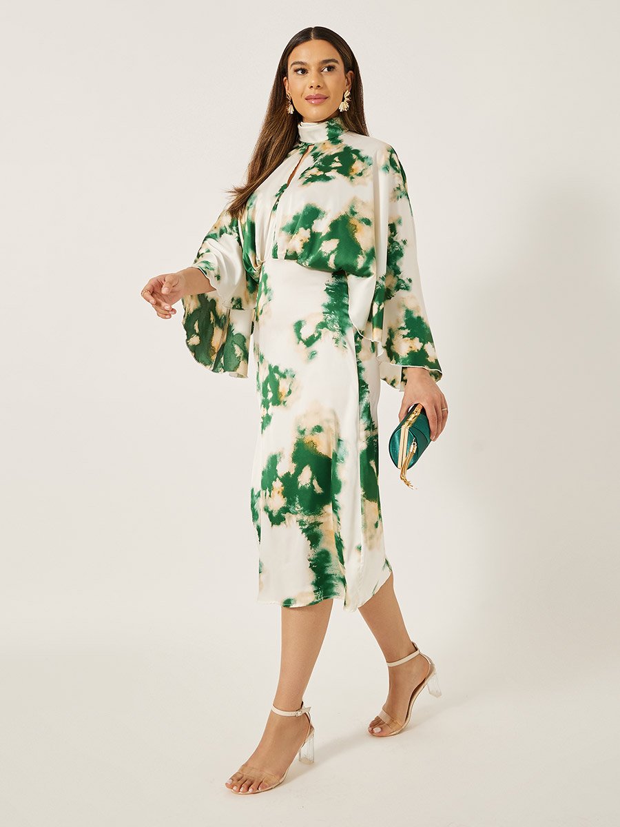 Print Satin Long Sleeves Sheath Midi Dress