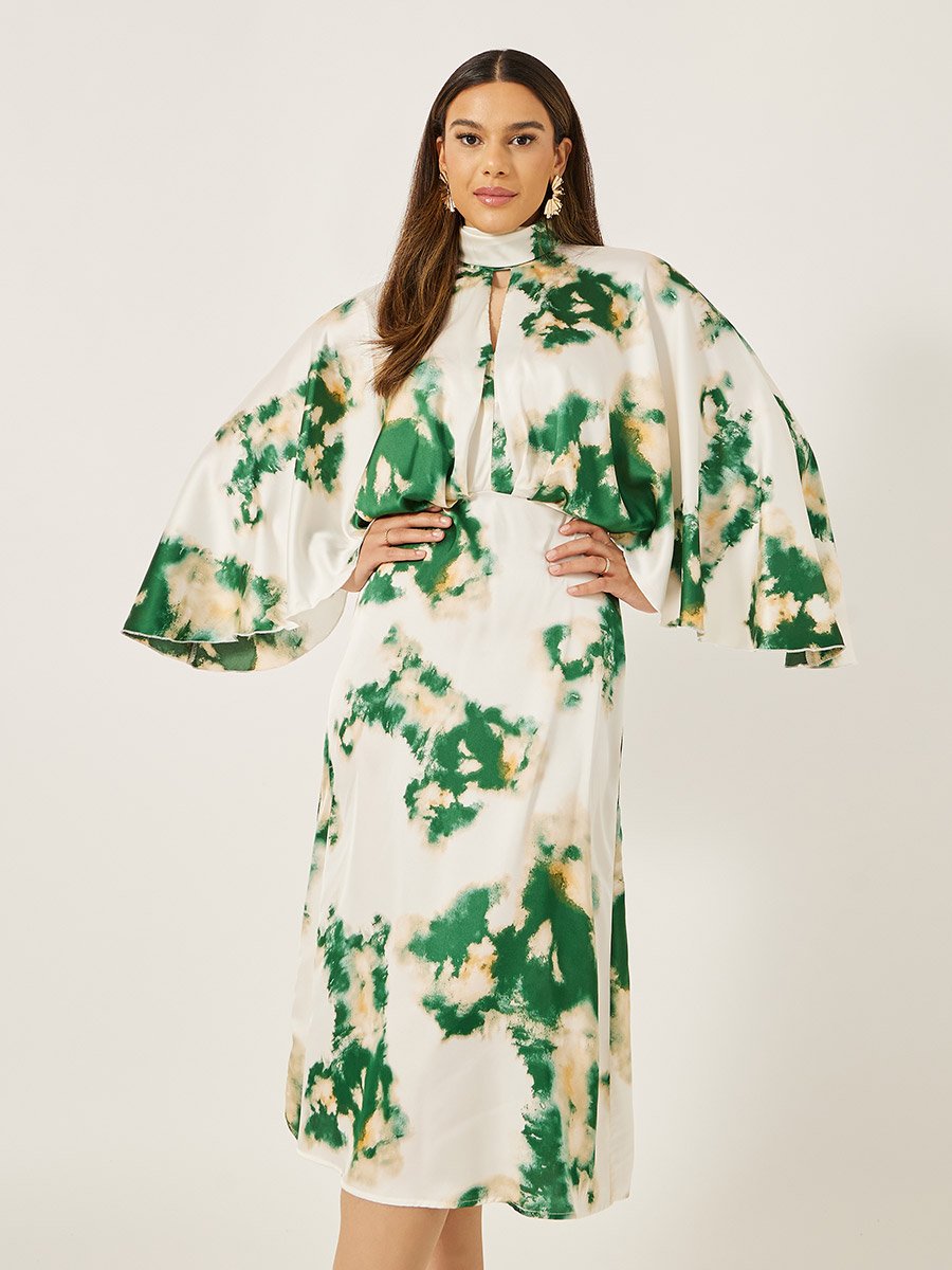 Print Satin Long Sleeves Sheath Midi Dress