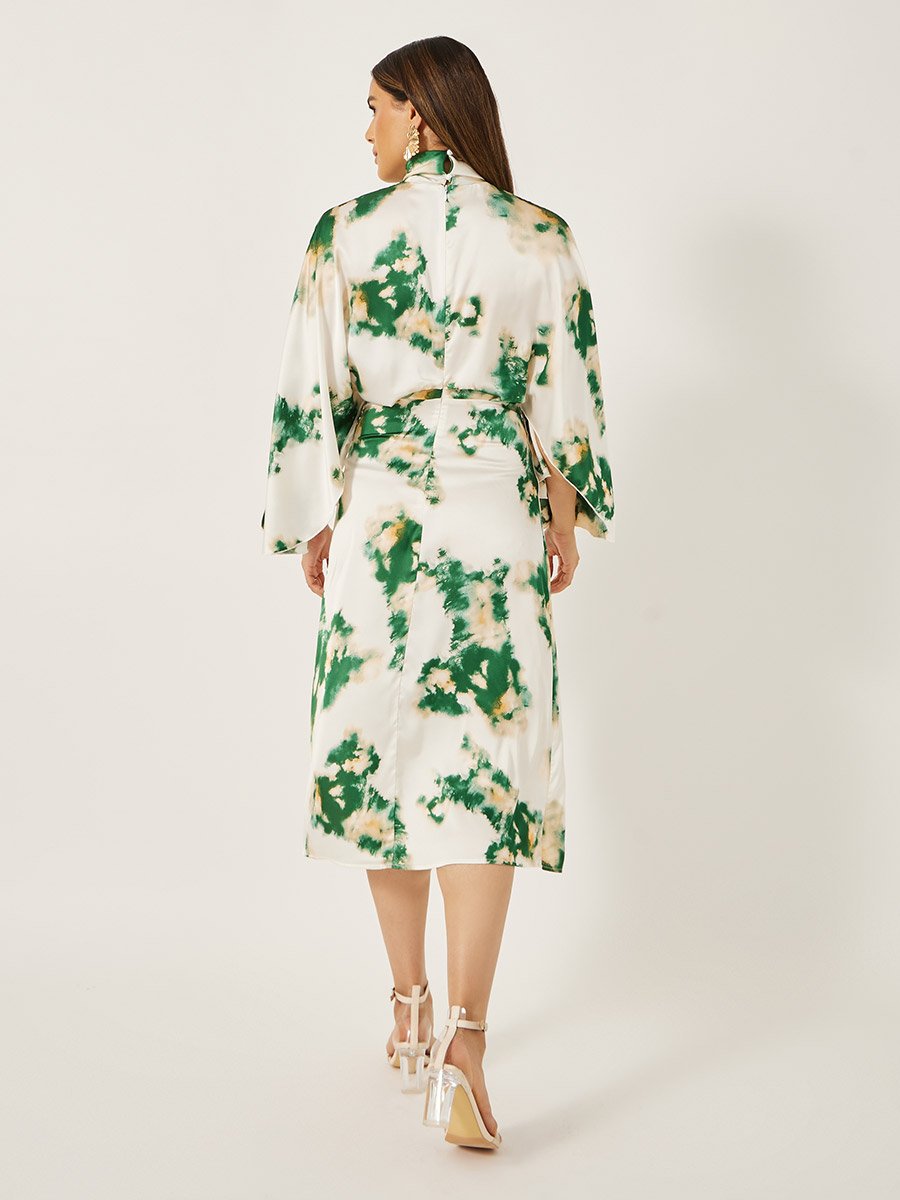 Print Satin Long Sleeves Sheath Midi Dress