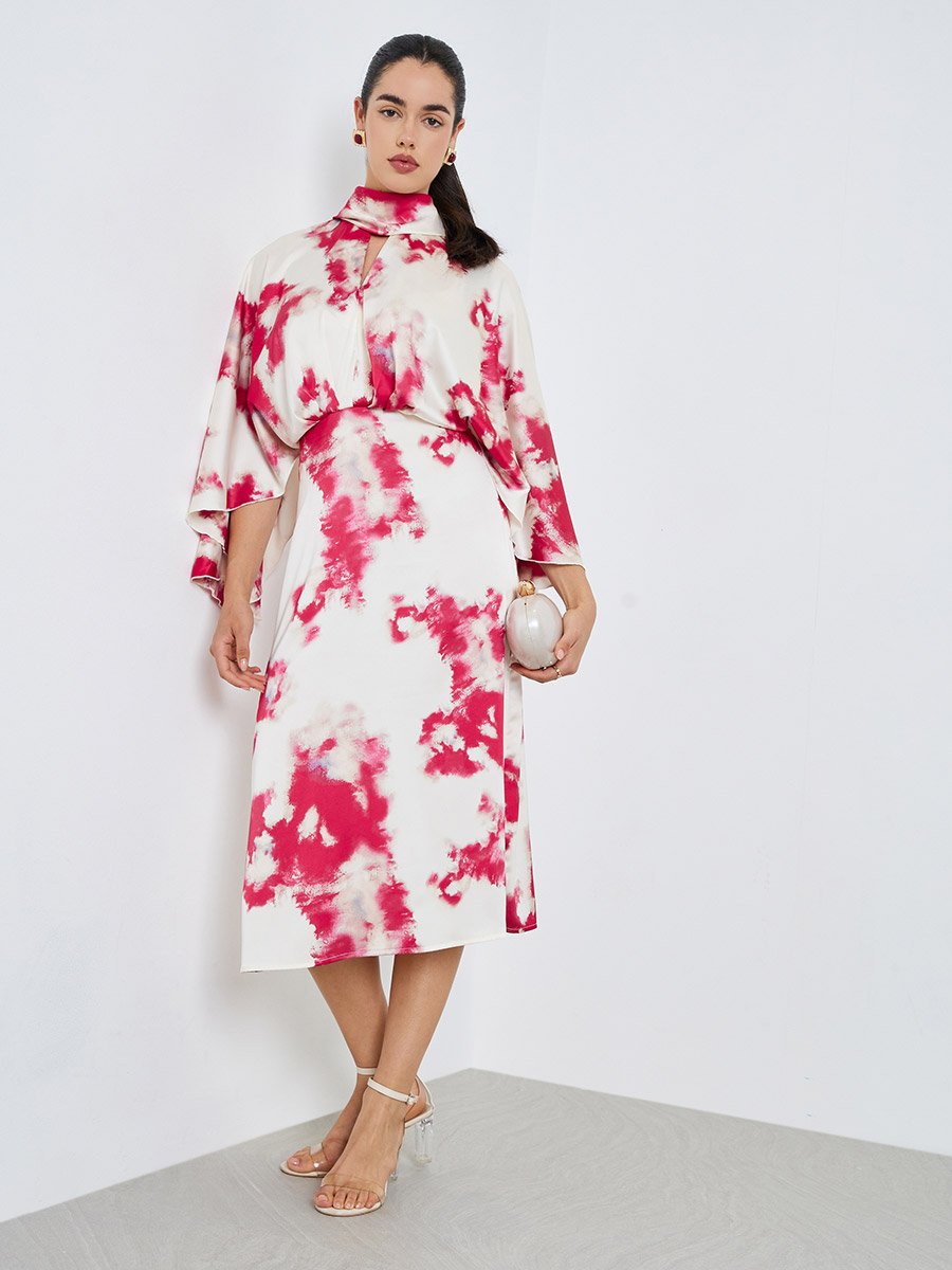Women Pink Satin Bell Sleeves Sheath Midi Dress