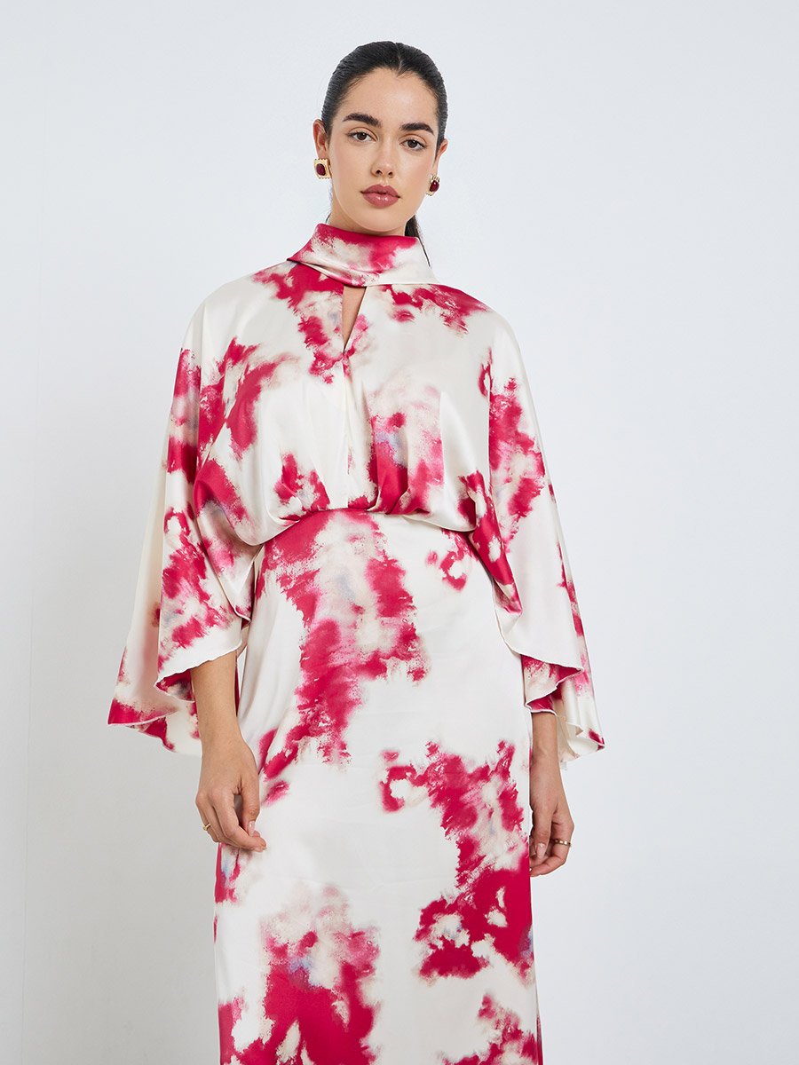 Women Pink Satin Bell Sleeves Sheath Midi Dress
