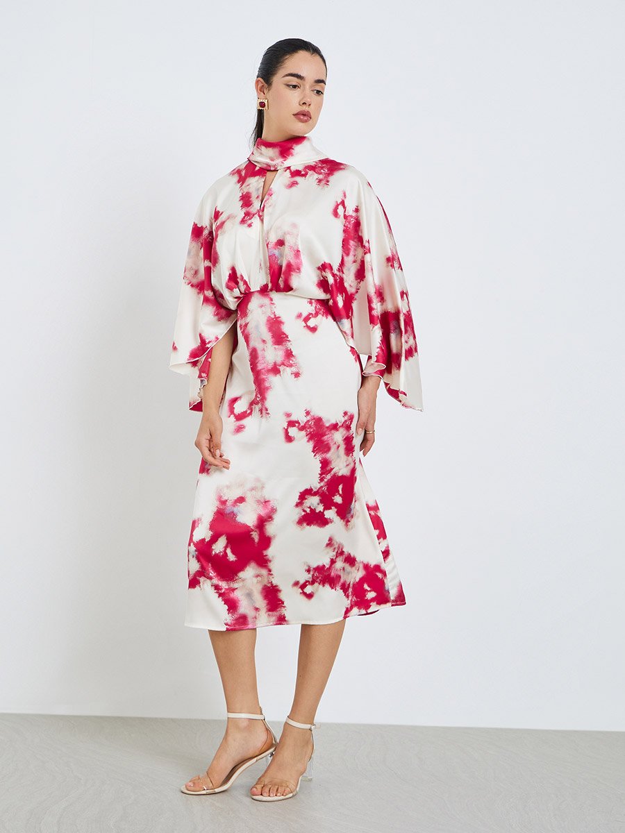Women Pink Satin Bell Sleeves Sheath Midi Dress