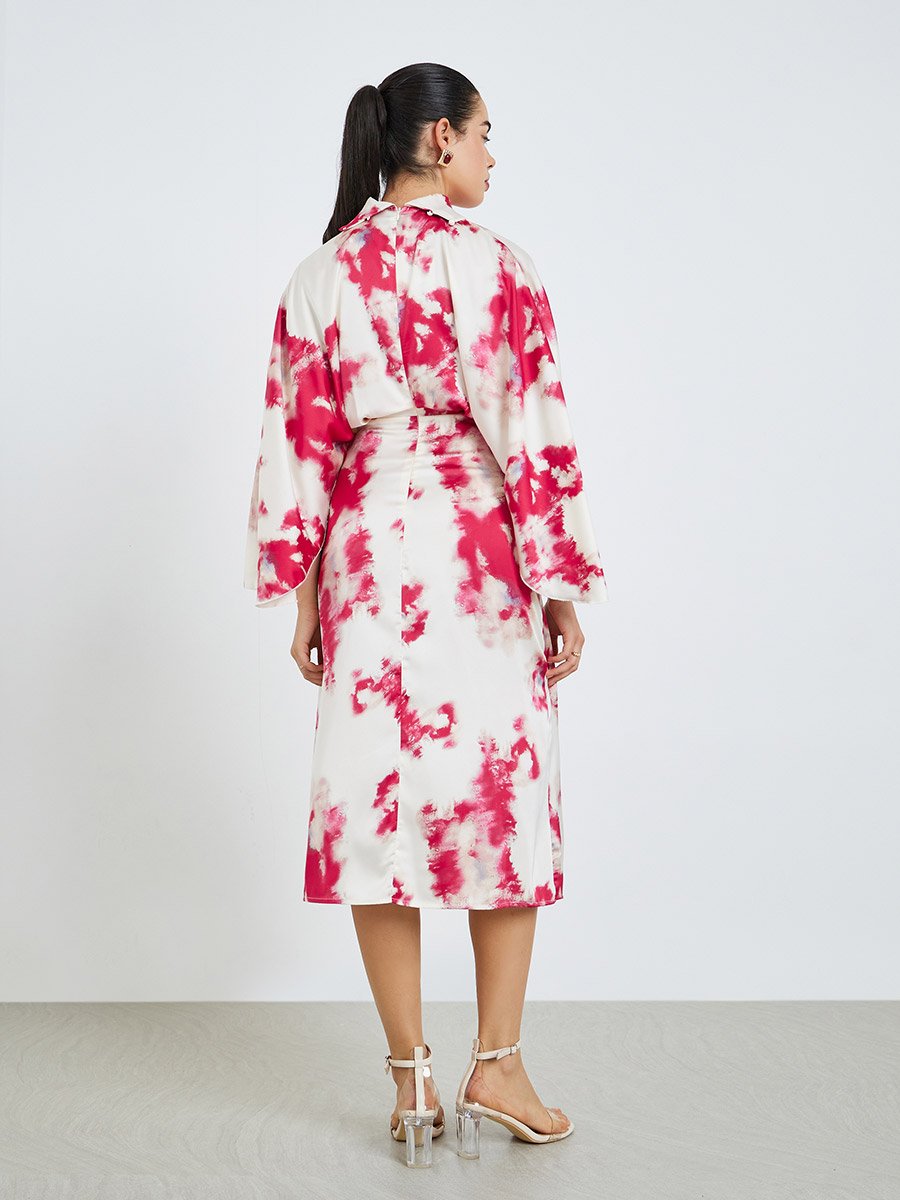 Women Pink Satin Bell Sleeves Sheath Midi Dress