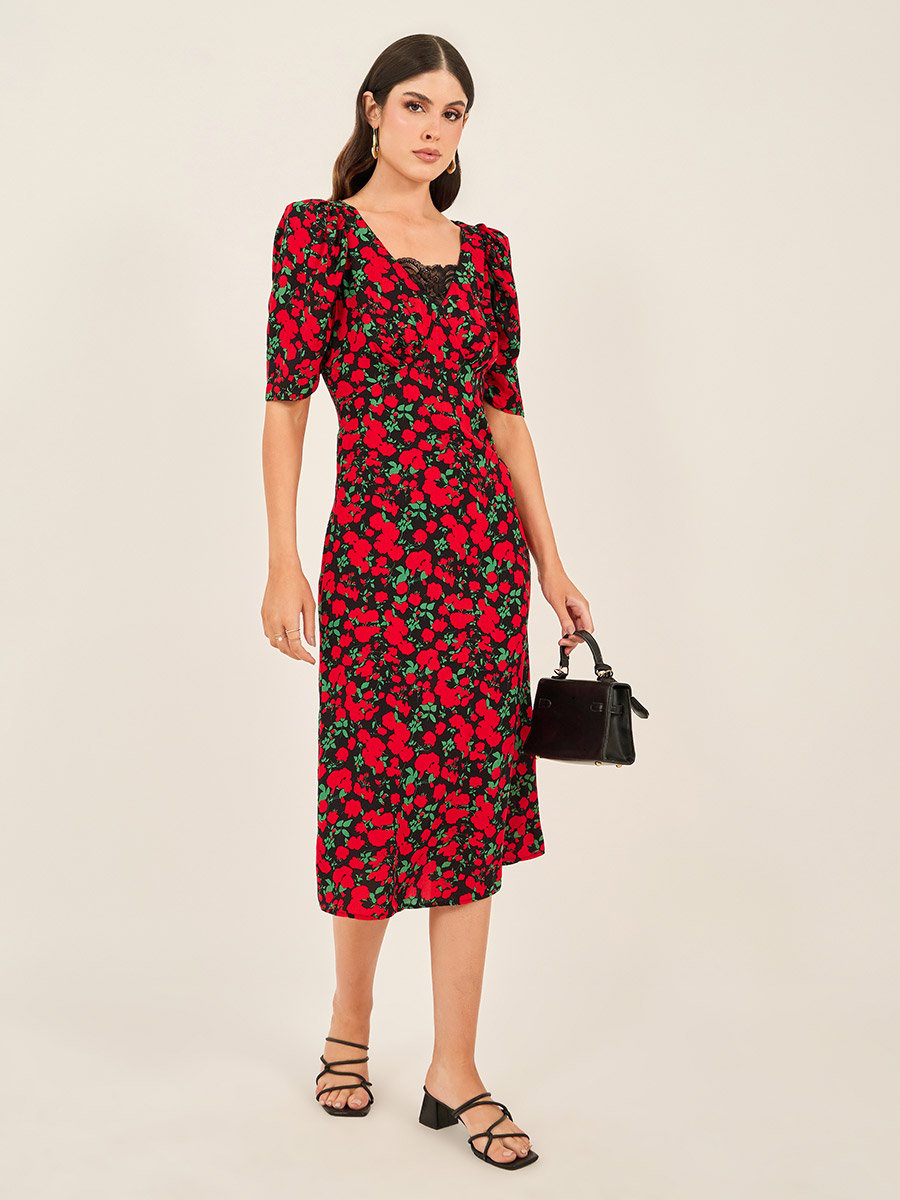 Floral Print Short Sleeves Sheath Midi Dress