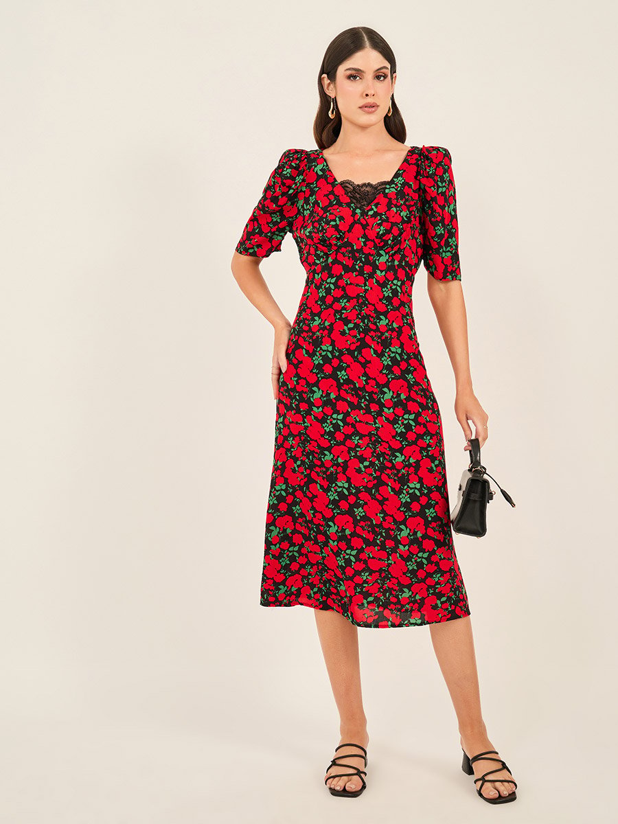 Floral Print Short Sleeves Sheath Midi Dress