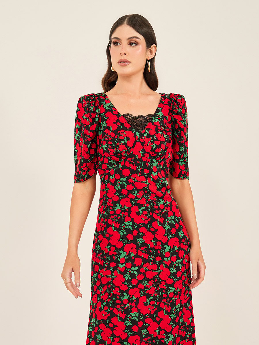 Floral Print Short Sleeves Sheath Midi Dress