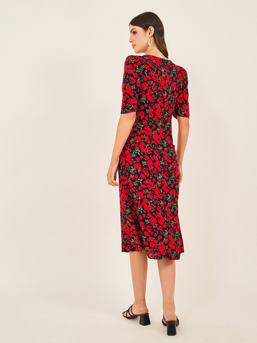 Floral Print Short Sleeves Sheath Midi Dress