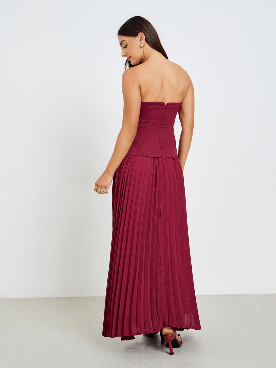Maroon Bandeau Pleated Maxi Dress