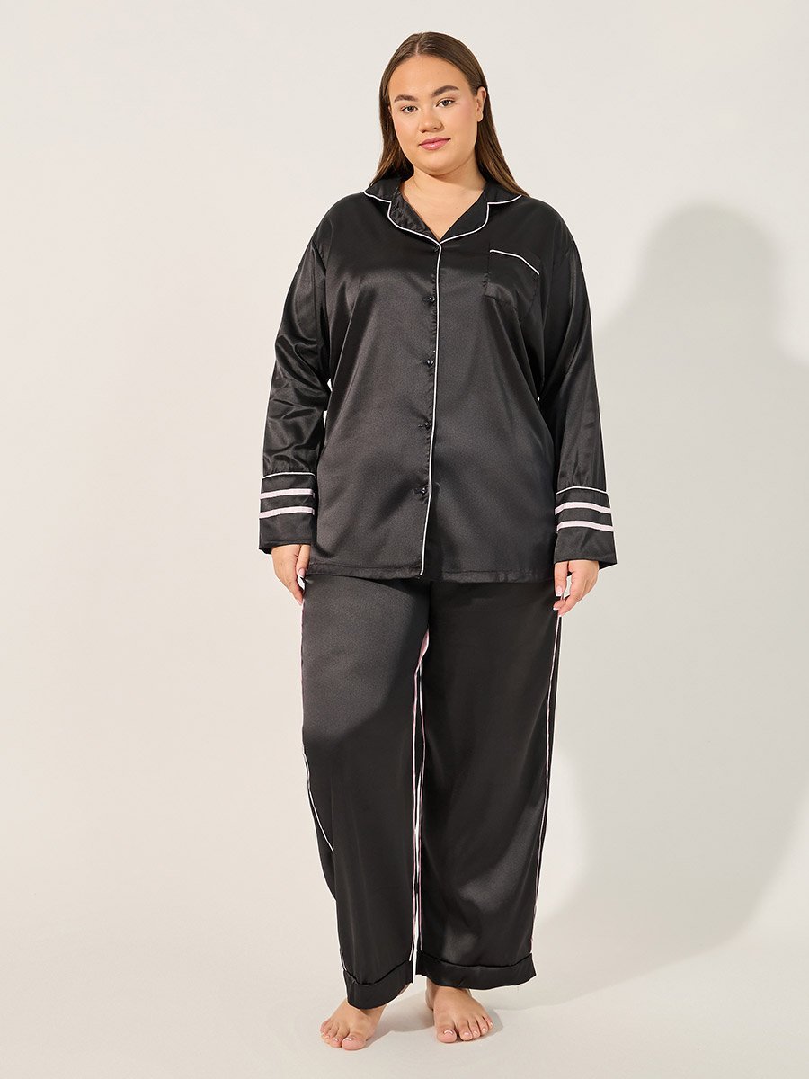 Satin Pajama Set with Piping Detail