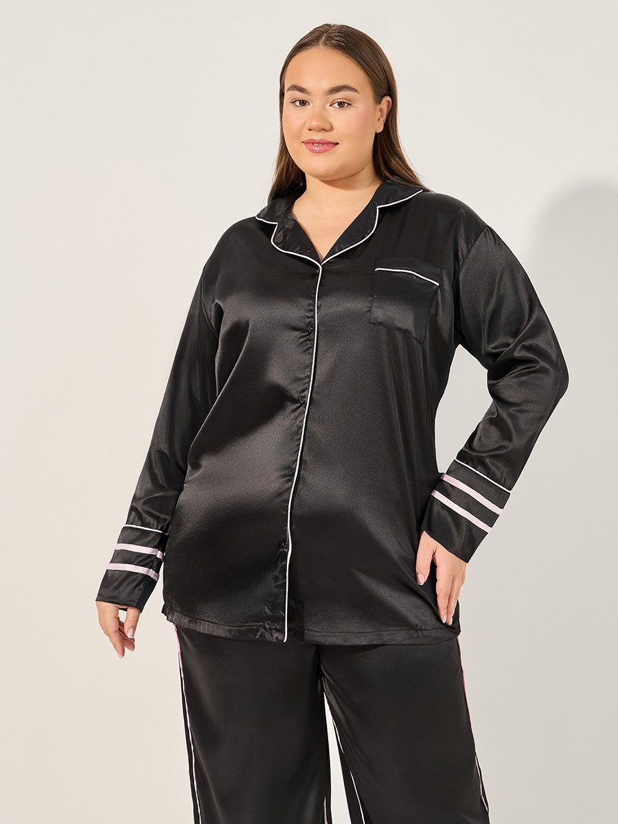 Satin Pajama Set with Piping Detail