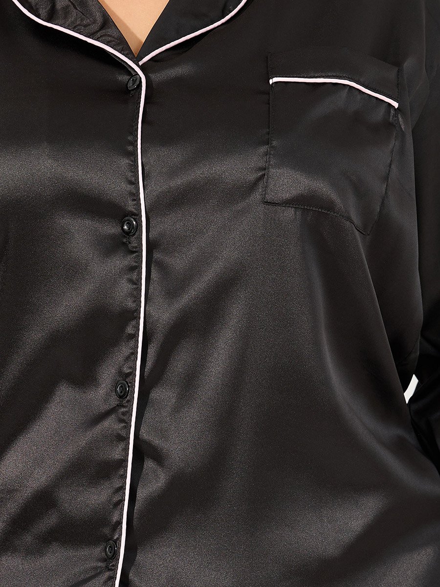 Satin Pajama Set with Piping Detail