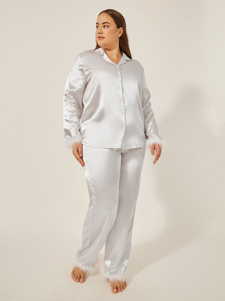 Plus Size Satin Faux Feather Trim Shirt and Pyjama Pants Set