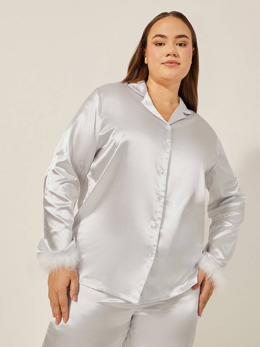 Plus Size Satin Faux Feather Trim Shirt and Pyjama Pants Set
