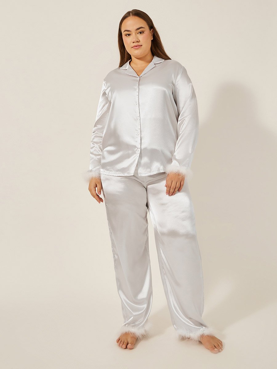Plus Size Satin Faux Feather Trim Shirt and Pyjama Pants Set
