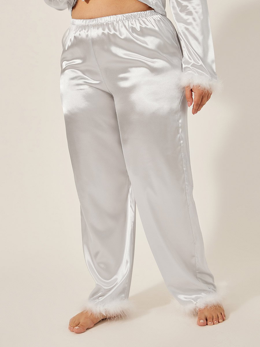 Plus Size Satin Faux Feather Trim Shirt and Pyjama Pants Set