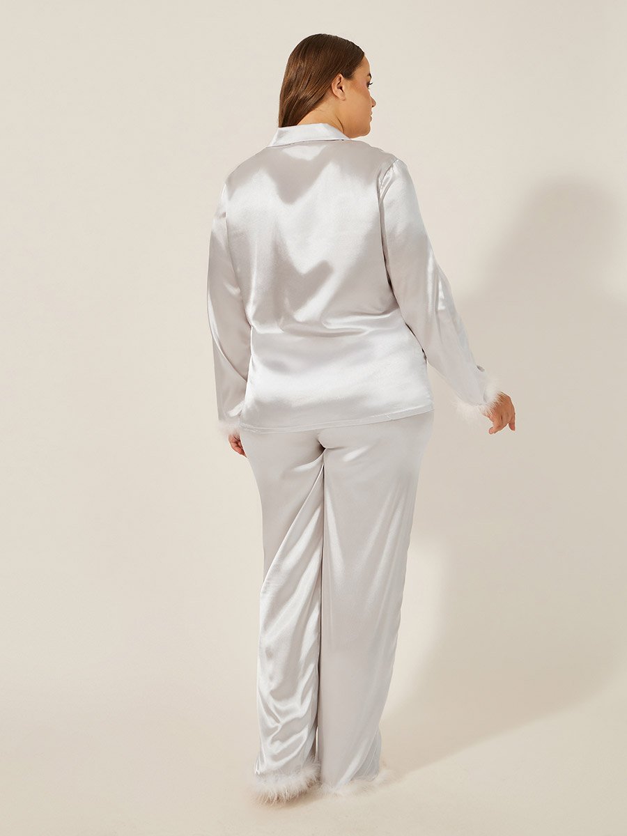 Plus Size Satin Faux Feather Trim Shirt and Pyjama Pants Set
