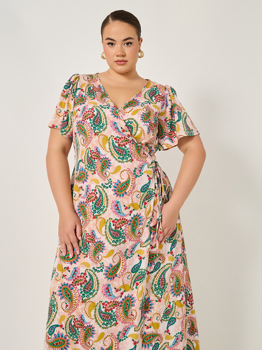 Plus Size All-Over Print Satin Wrap Maxi Dress with Tie-Up Detail