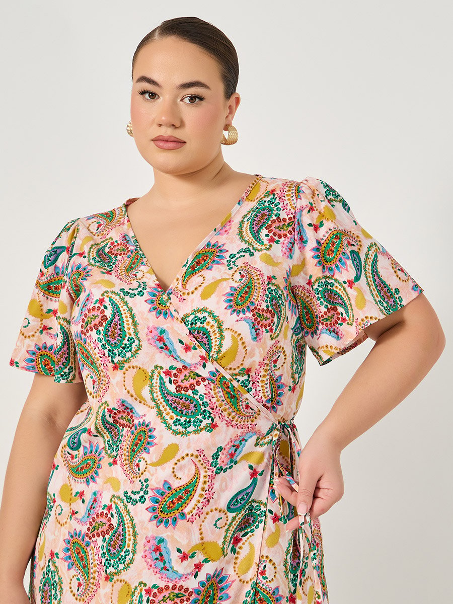 Plus Size All-Over Print Satin Wrap Maxi Dress with Tie-Up Detail