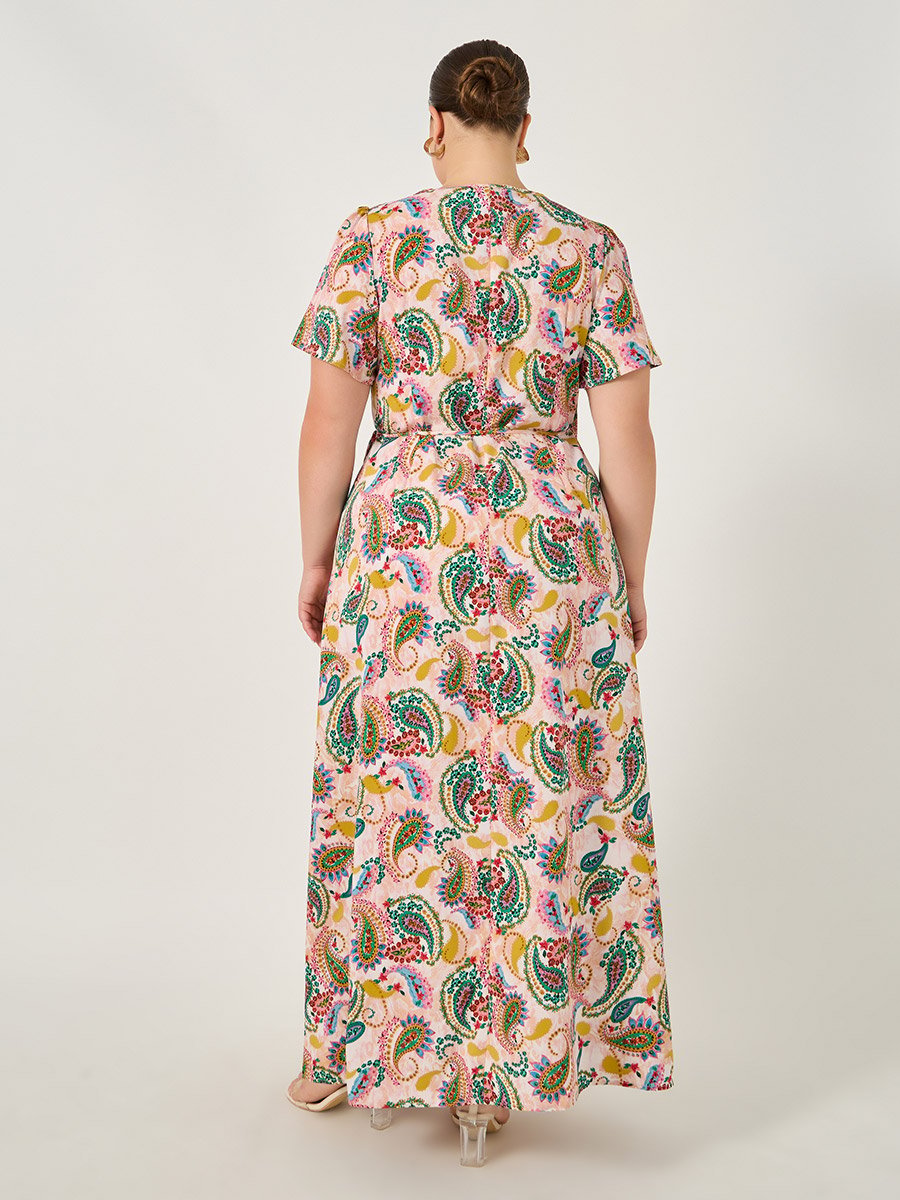 Plus Size All-Over Print Satin Wrap Maxi Dress with Tie-Up Detail