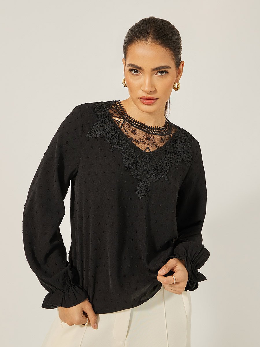 Textured Lace Insert Ruffled Sleeve Top