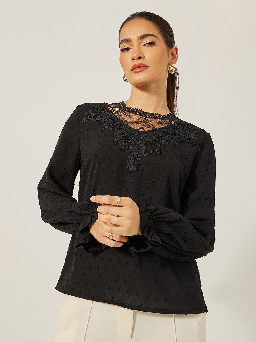 Textured Lace Insert Ruffled Sleeve Top