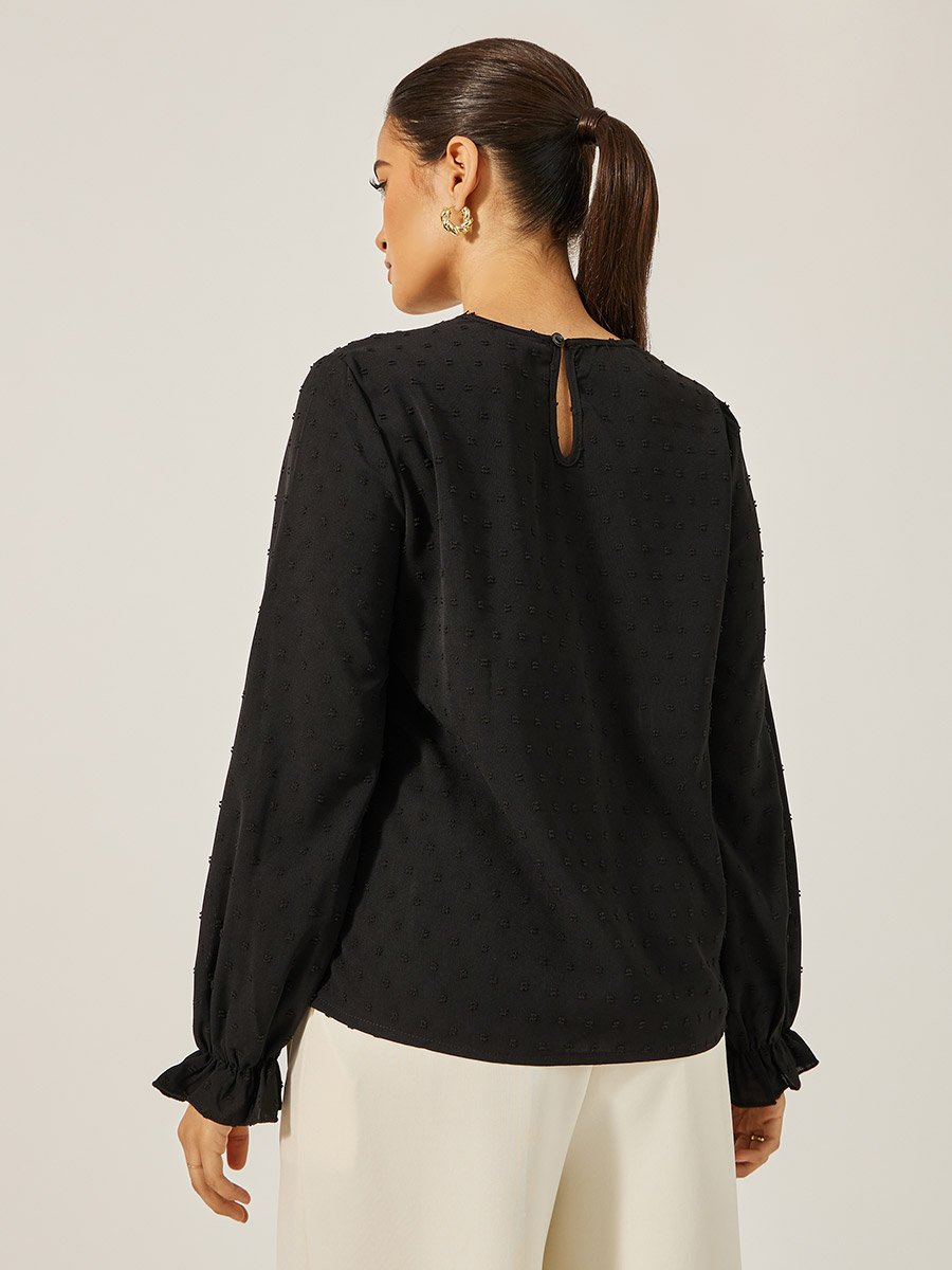 Textured Lace Insert Ruffled Sleeve Top