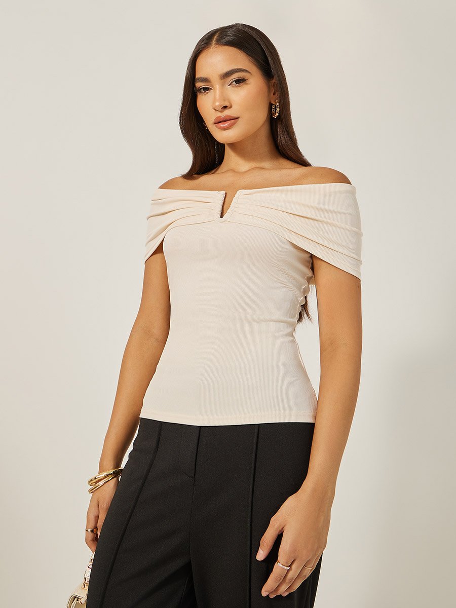 Women Off Shoulder Rib Fitted Top