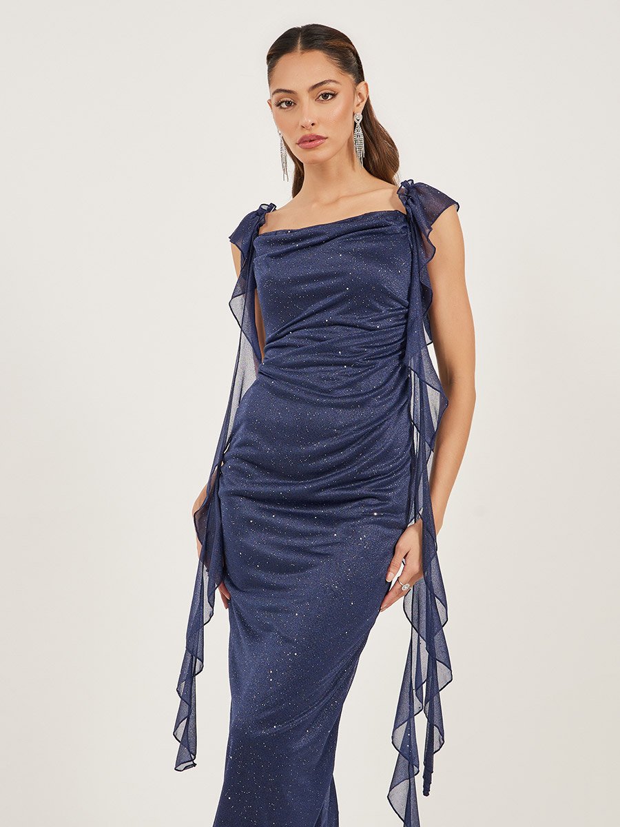 Glittered Ruffled Sheath Midi Dress